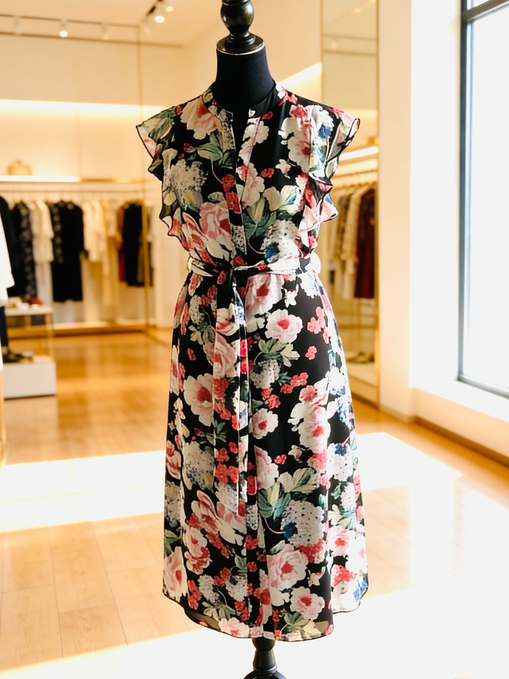 Who What Wear Black Floral Midi Dress with Pink and White Blooms - Size XS, New